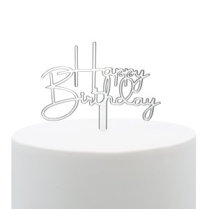 Topper Acrílico Happy Birthday Prata 11cm