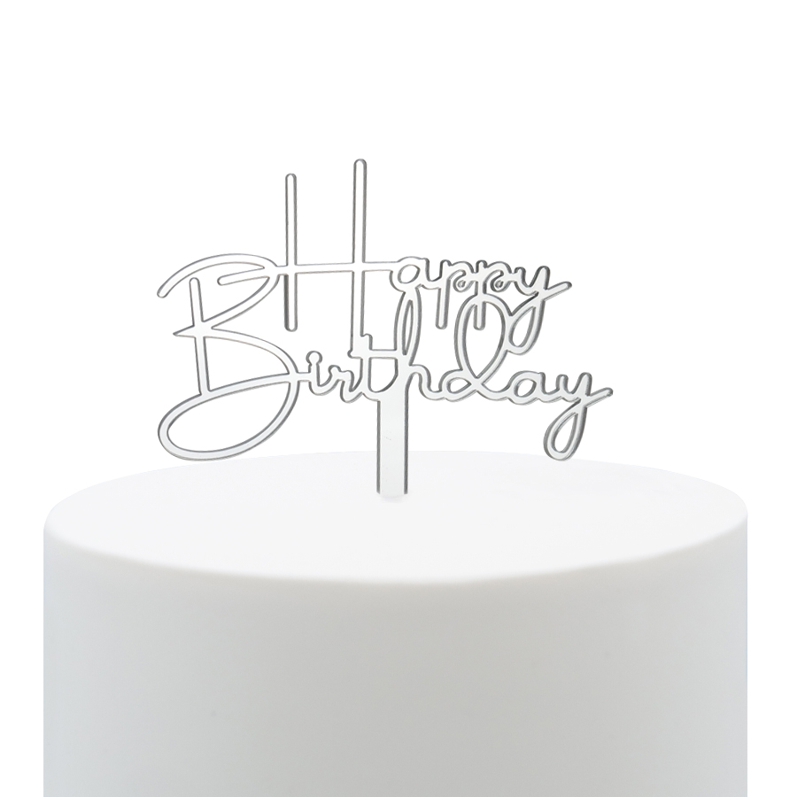 Topper Acrílico Happy Birthday Prata 11cm