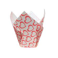 Tulipas/Formas de Papel Brancas c/ Corações Vermelhos Grandes 20uni